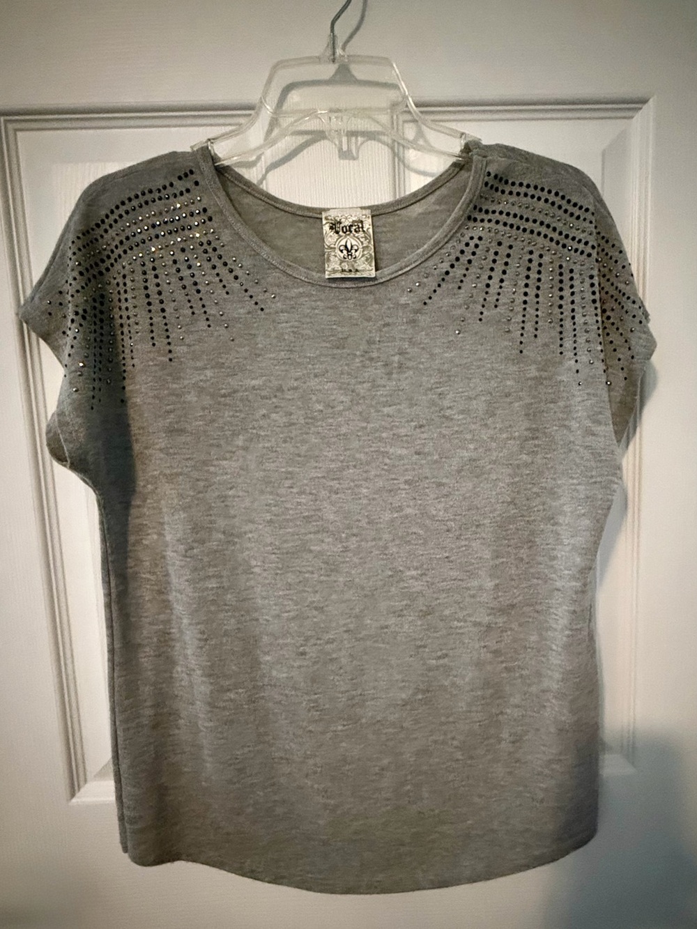 Vocal Grey Short Sleeve Tee with Shoulder Stud Detail